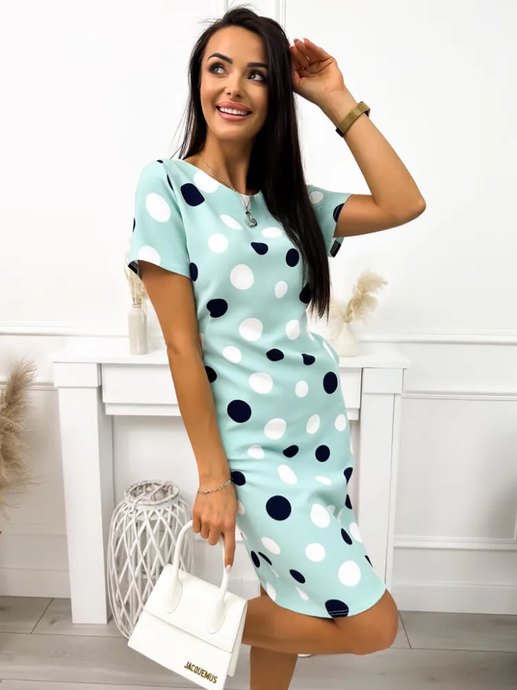 Miętowa Sukienka w Grochy 11717-248-A|Modna Kiecka Outlet