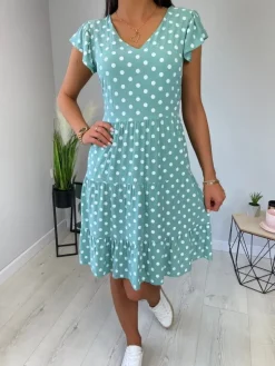 Miętowa Sukienka w Grochy 11736-354-A|Modna Kiecka Hot