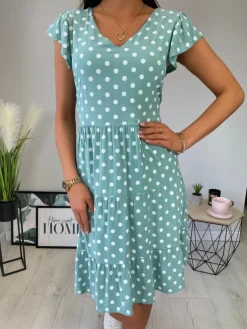 Miętowa Sukienka w Grochy 11736-354-A|Modna Kiecka Hot