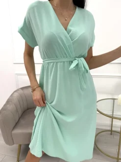 Miętowa Sukienka z Paskiem 11929-175-D|Modna Kiecka Discount
