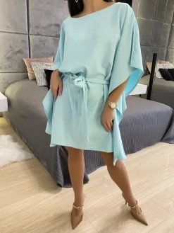 Miętowa Wiązana Sukienka Nietoperz 11446-428-D|Modna Kiecka Hot