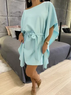 Miętowa Wiązana Sukienka Nietoperz 11446-428-D|Modna Kiecka Hot