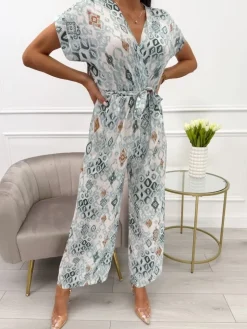 Miętowo-Kremowy Kombinezon z Paskiem 13867-502-A|Modna Kiecka Fashion