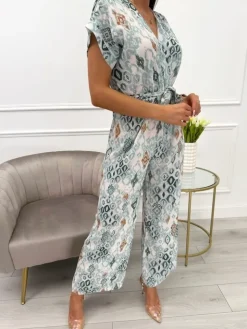 Miętowo-Kremowy Kombinezon z Paskiem 13867-502-A|Modna Kiecka Fashion