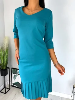 Morska Sukienka z Plisowaną Falbanką 11390-416-G|Modna Kiecka Discount