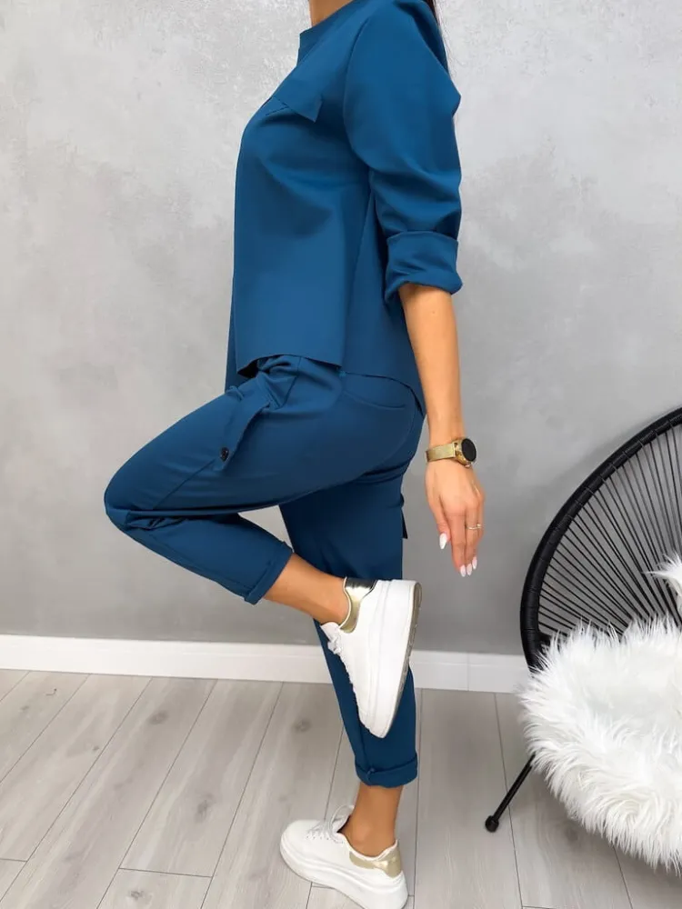 Morski Dresowy Komplet Bluza + Spodnie 12962-178-E|Modna Kiecka Fashion