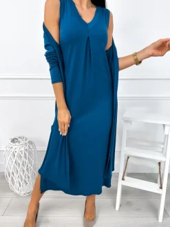 Morski Komplet Sukienka + Kardigan 12877-101-F|Modna Kiecka Fashion