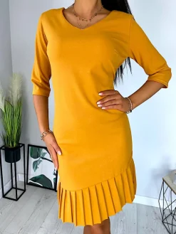 Musztardowa Sukienka z Plisowaną Falbanką 11390-416-H|Modna Kiecka Online