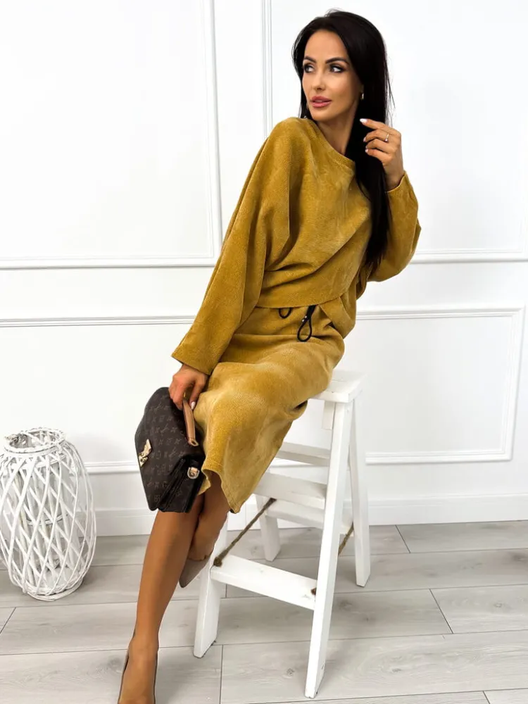 Musztardowy Komplet Bluza + Spódnica 12836-302-I|Modna Kiecka Online