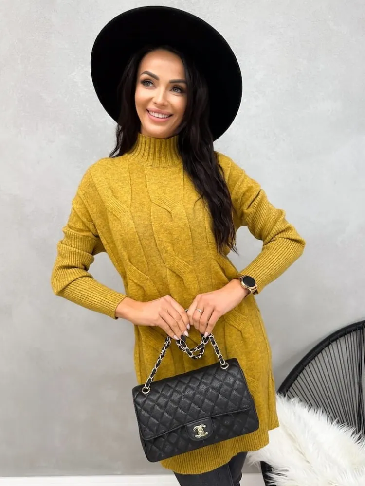 Musztardowy Sweter Oversize z Półgolfem 13095-209-E|Modna Kiecka Hot