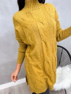 Musztardowy Sweter Oversize z Półgolfem 13095-209-E|Modna Kiecka Hot