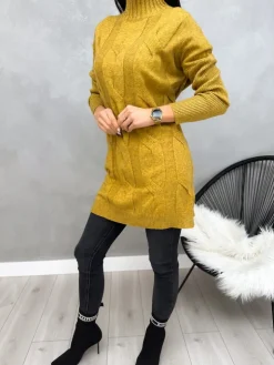 Musztardowy Sweter Oversize z Półgolfem 13095-209-E|Modna Kiecka Hot