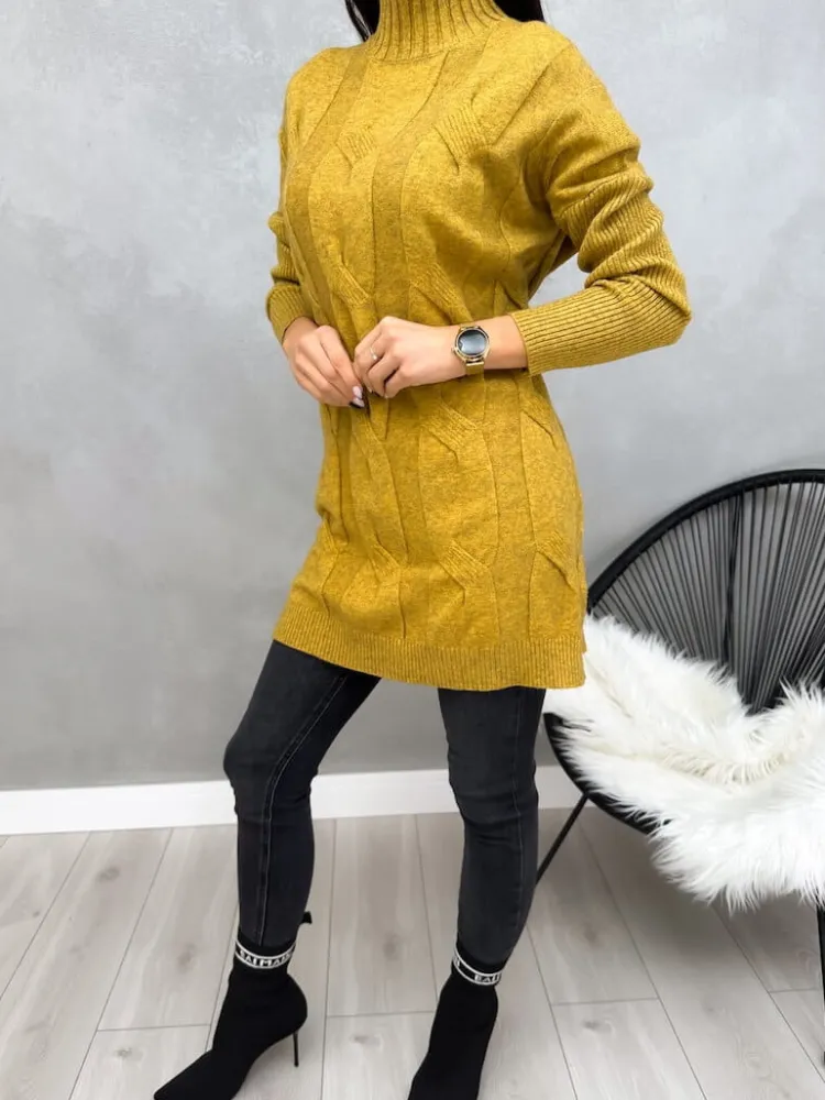 Musztardowy Sweter Oversize z Półgolfem 13095-209-E|Modna Kiecka Hot