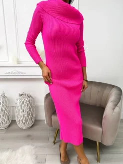 Neonowa Różowa Sweterkowa Sukienka 11256-236-E|Modna Kiecka Discount