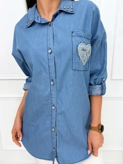 Niebieska Jeansowa Koszula z Naszywką 13497-49-Q|Modna Kiecka Sale