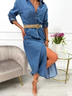 Niebieska Jeansowa Sukienka z Paskiem 13636-514-B|Modna Kiecka Discount