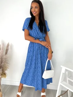 Niebieska Sukienka Maxi w Kwiaty 12080-11-B|Modna Kiecka Hot