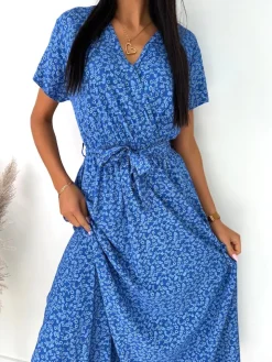Niebieska Sukienka Maxi w Kwiaty 12080-11-B|Modna Kiecka Hot