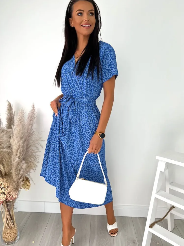 Niebieska Sukienka Maxi w Kwiaty 12080-11-B|Modna Kiecka Hot