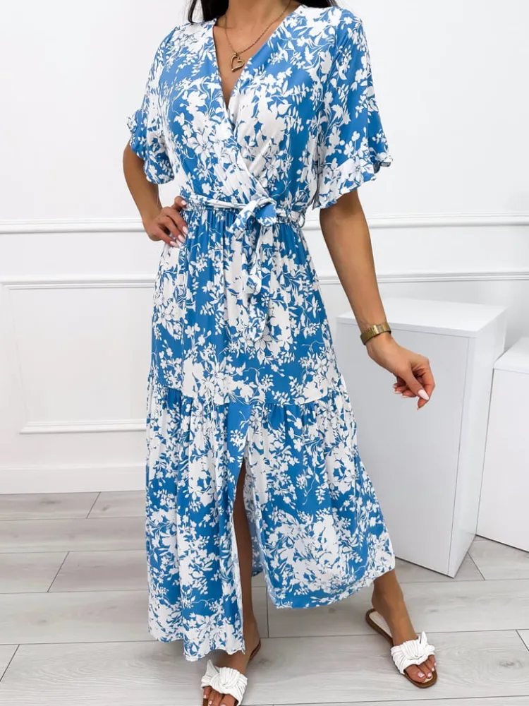 Niebieska Sukienka Maxi w Biały Wzór 12357-325-C|Modna Kiecka Discount