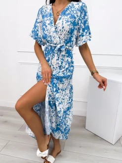 Niebieska Sukienka Maxi w Biały Wzór 12357-325-C|Modna Kiecka Discount