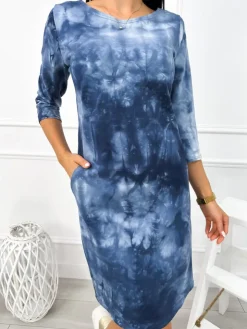 Niebieska Sukienka Tie Dye z Kieszeniami 12876-102-C|Modna Kiecka Outlet