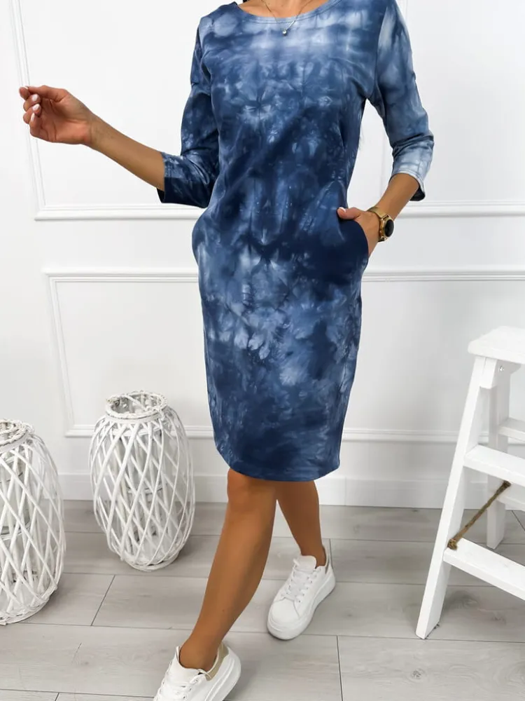 Niebieska Sukienka Tie Dye z Kieszeniami 12876-102-C|Modna Kiecka Outlet