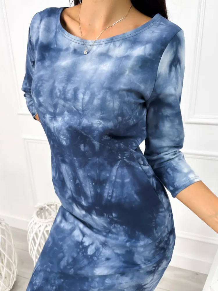 Niebieska Sukienka Tie Dye z Kieszeniami 12876-102-C|Modna Kiecka Outlet