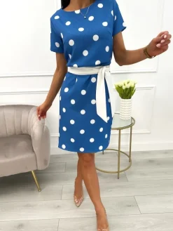 Niebieska Sukienka w Grochy z Paskiem 13822-192-D|Modna Kiecka Fashion