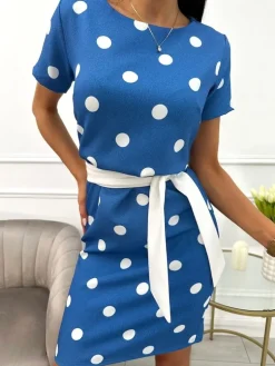 Niebieska Sukienka w Grochy z Paskiem 13822-192-D|Modna Kiecka Fashion
