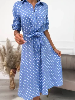 Niebieska Sukienka w Grochy z Paskiem 9477-51-D|Modna Kiecka Clearance