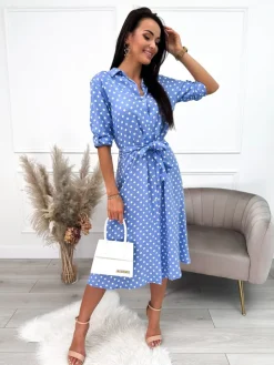 Niebieska Sukienka w Grochy z Paskiem 9477-51-D|Modna Kiecka Clearance