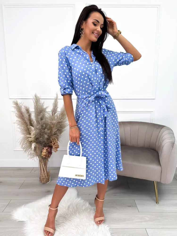 Niebieska Sukienka w Grochy z Paskiem 9477-51-D|Modna Kiecka Clearance