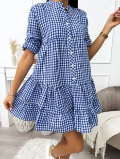 Niebieska Sukienka w Kratkę z Falbanką 11410-190-B|Modna Kiecka Fashion
