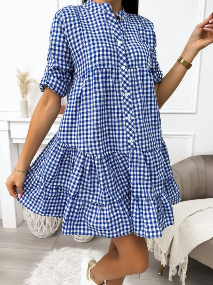 Niebieska Sukienka w Kratkę z Falbanką 11410-190-B|Modna Kiecka Fashion