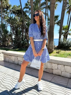 Niebieska Sukienka w Kratkę z Falbanką 11410-190-B|Modna Kiecka Fashion
