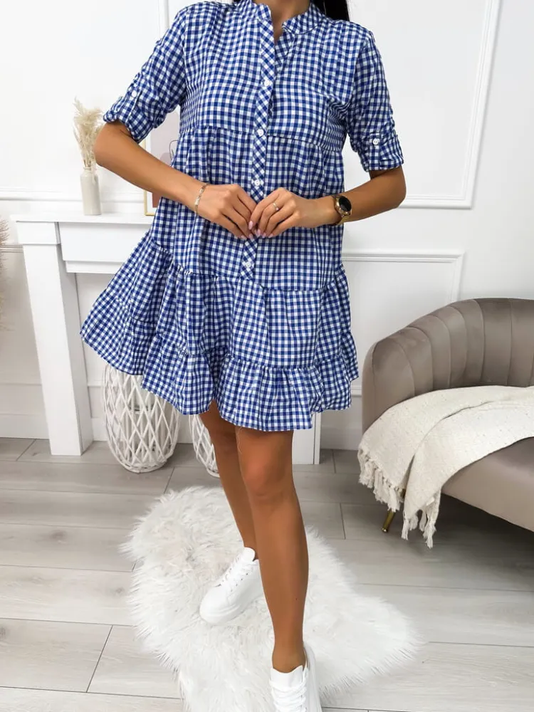 Niebieska Sukienka w Kratkę z Falbanką 11410-190-B|Modna Kiecka Fashion