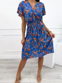 Niebieska Sukienka w Kwiatki 12362-409-D|Modna Kiecka New