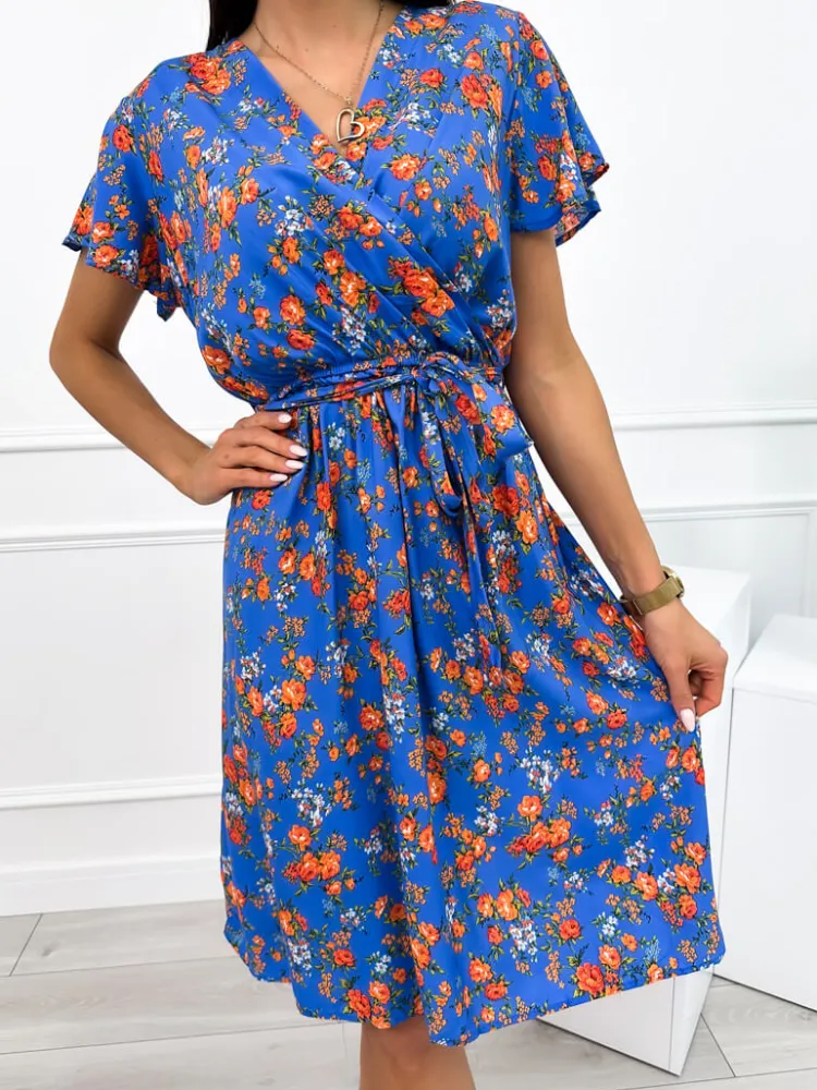 Niebieska Sukienka w Kwiatki 12362-409-D|Modna Kiecka New