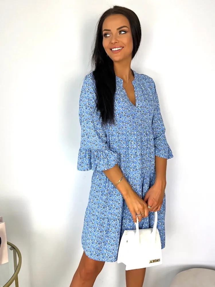 Niebieska Sukienka w Kwiatki Oversize 12195-426-A|Modna Kiecka Fashion