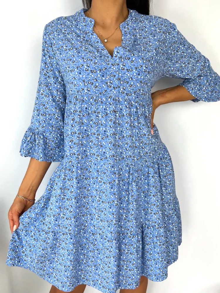 Niebieska Sukienka w Kwiatki Oversize 12195-426-A|Modna Kiecka Fashion
