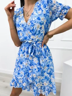 Niebieska Sukienka w Kwiatki 12314-259-B|Modna Kiecka Online