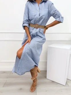 Niebieska Sukienka w Paski 12433-163-A|Modna Kiecka Fashion