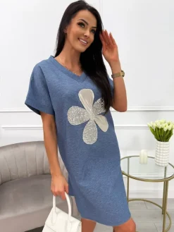 Niebieska Sukienka z Aplikacją i Kieszeniami 13768-201-C|Modna Kiecka Discount