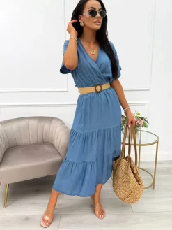 Niebieska Sukienka z Kopertowym Dekoltem 14036-106-B|Modna Kiecka Outlet