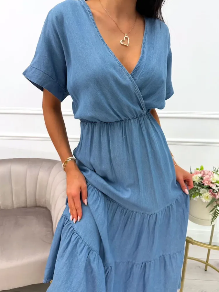 Niebieska Sukienka z Kopertowym Dekoltem 14036-106-B|Modna Kiecka Outlet