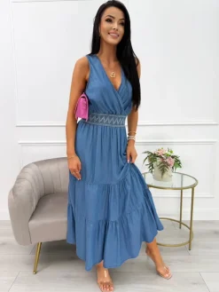 Niebieska Sukienka z Ozdobną Gumką w Pasie 14077-348-B|Modna Kiecka Discount