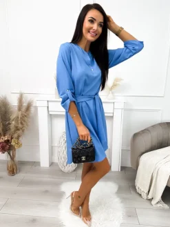 Niebieska Sukienka z Paskiem 11673-534-D|Modna Kiecka Discount