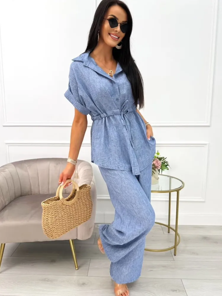 Niebieski Komplet Koszula z Krótkim Rękawem + Szerokie Spodnie 14100-507-B|Modna Kiecka Hot