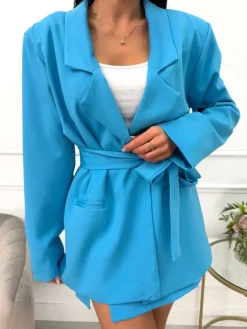 Niebieski Komplet Marynarka Oversize + Spódnico-Spodenki 13568-191-F|Modna Kiecka Hot